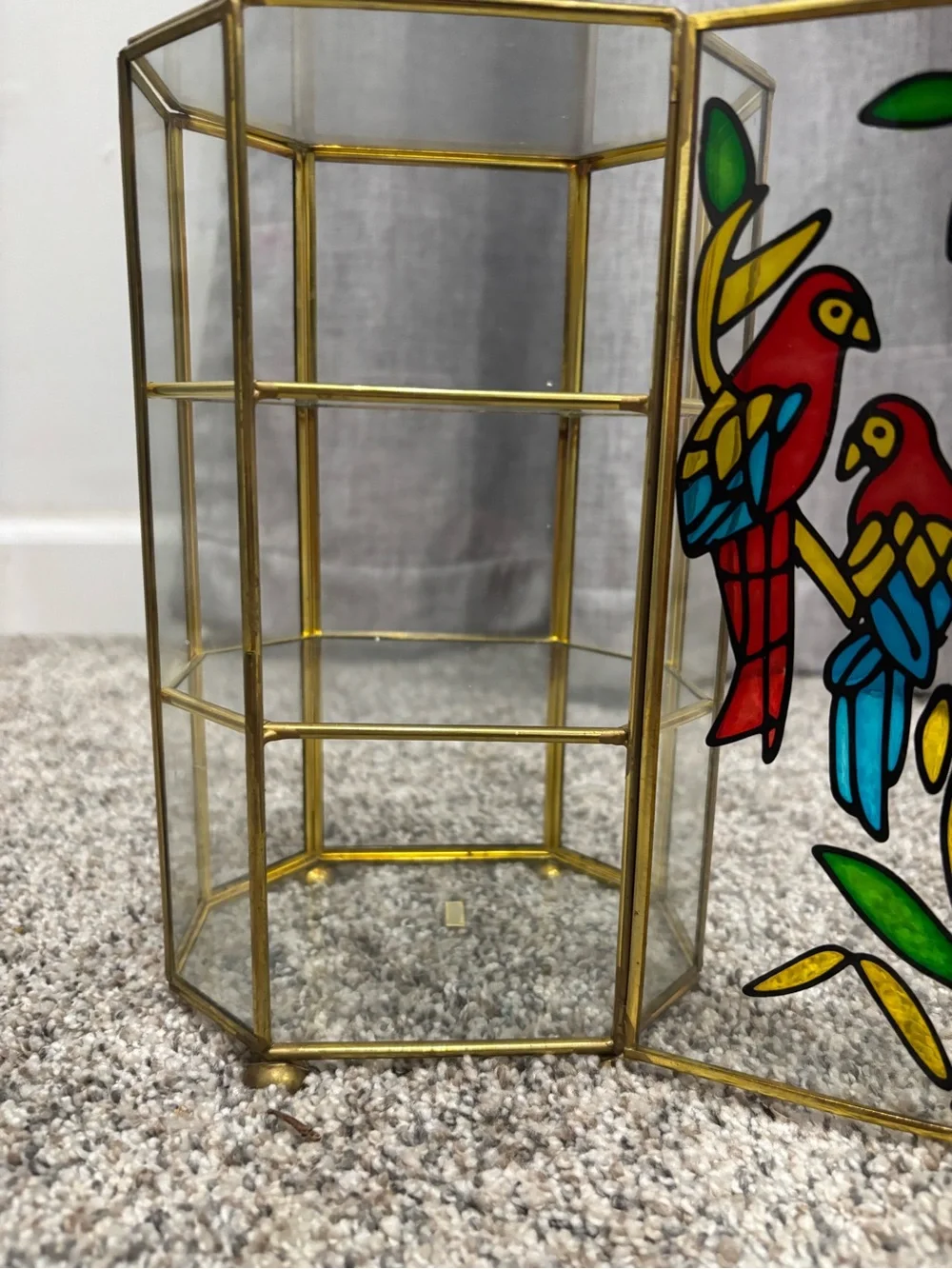 Vintage Brass Hexagonal Glass Curio Cabinet With Stained Glass Parrots